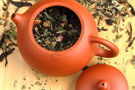 叶茶 柳茶 泡菜茶 在粘土棕色茶壶里酿的图片