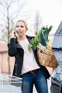 妇女在把食品储存在汽车后备箱中时使用电话篮子存储食物杂货树干包装停车位加载购物图片