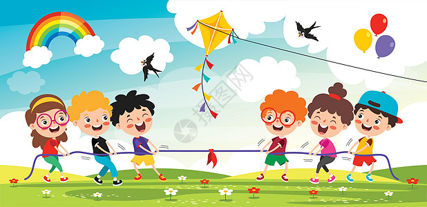有趣的孩子们玩拉绳小学生团队时间弱点活动游戏绳索拔河朋友公园图片