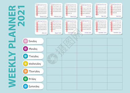 2021年周计划表日记日历组织记事本备忘录桌子插图工作办公室时间表背景图片