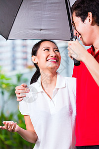 分享有礼亚洲情侣在雨雨中带着雨伞走来走去背景