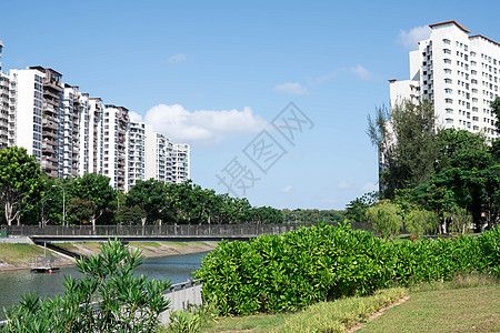 环湖或河流附近有绿公园广告树的住宅共有公寓街道蓝色风景景观天空天际旅行城市房子办公室图片