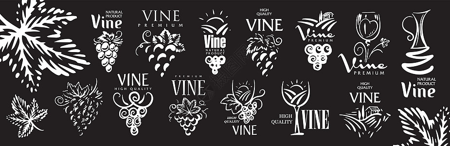 一套绘制葡萄酒标志的电动手画标牌植物墨水酒厂藤蔓雕刻草图葡萄园收成涂鸦标识图片