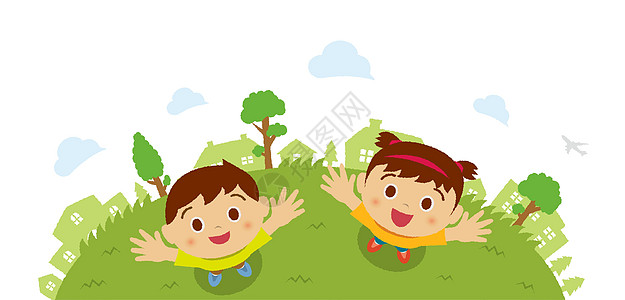 日本女孩孩子们男孩和女孩仰望天空鸟瞰图 矢量卡通插画喜悦男生童年乐趣圆圈插图公园婴儿卡通片家庭设计图片