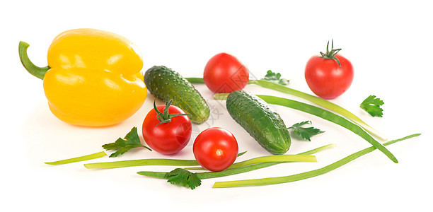 白底孤立的黄瓜 胡椒 番茄和绿洋葱辣椒市场萝卜生产饮食食物作品水果叶子洋葱图片