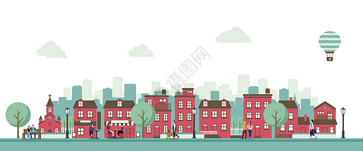 现代城市街道平面矢量插图人们在日常生活中人行道市中心店铺城市民众墙纸摩天大楼卡通片旅行建筑学图片