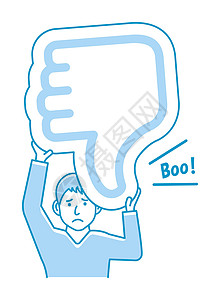 拿着纸板的年轻人拇指向下插图横幅男性卡通片推介会标语展示手指注意力木板卡片图片