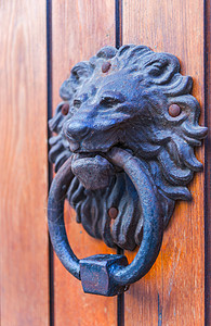 以狮子头形的黄铜敲门 漂亮的入屋入口 很美丽风化圆圈旅行木头历史橡木门把手金子乡村古董图片