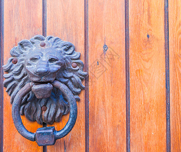 以狮子头形的黄铜敲门 漂亮的入屋入口 很美丽门把手历史古董圆圈金属风化乡村雕塑金子木头图片