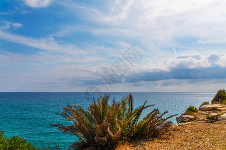 海上高悬崖顶 夏季海底背景 许多喷涌的波浪和石头悬崖冲浪海景旅行绿水岩石海岸假期蓝色蓝天图片