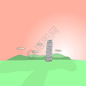 比萨斜塔在风景手绘插图 vecto 的背景下图片