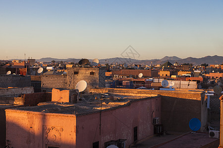 马拉喀什航空全景晴天市中心市集城市生活房子建筑学天际地标天线正方形图片