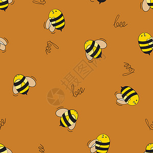 与蜜蜂在彩色背景上的无缝模式 小黄蜂 矢量图 可爱的卡通人物 邀请卡纺织面料的模板设计 涂鸦样式漫画插图绘画样本工人翅膀吉祥物漏图片