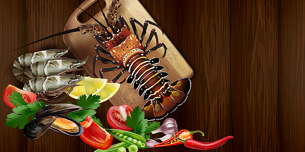 餐桌上的龙虾和海鲜烹饪柠檬蔬菜桌子营养美食沙拉服务动物木板图片