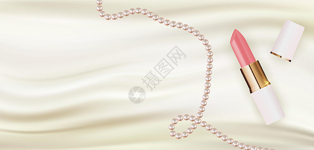 白色丝绸上的 3D 逼真唇膏与时尚化妆品产品的珍珠设计模板 用于或杂志背景 矢量插图图片