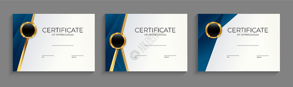 成就模板的蓝色和金色证书设置背景与金色徽章和边框 奖文凭设计空白 矢量图  EPS1荣誉书法打印邮票凸版框架礼物古董金子商业图片