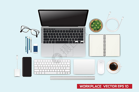 现实的工作区元素工作场所与桌面视图上的元素现代技术工作场所植物眼镜杯咖啡智能手机 笔记本电脑 绘图项目矢量图形图片