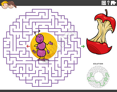 与卡通蚂蚁和苹果 cor 的迷宫教育游戏图片