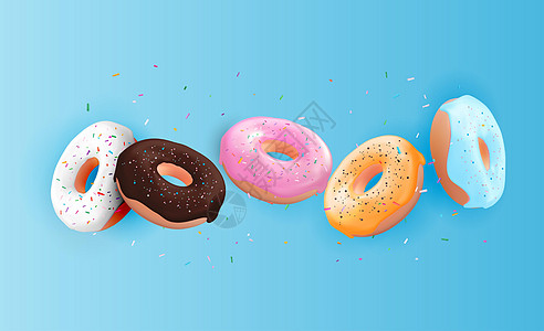 逼真的 3d 甜美可口的甜甜圈背景 可用于甜点菜单海报卡 矢量图 Eps1饼干飞行食物广告蛋糕元素设计戒指小吃糖果图片