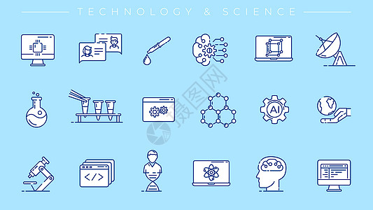 技术和科学概念线条风格矢量图标集信息化学原子齿轮编程望远镜代码收音机显微镜笔记本图片