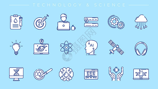 技术和科学概念线条风格矢量图标集原子信息吸管盘子图表芯片密码电脑注射器物理图片