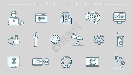 科学和教育概念线条风格矢量图标集实验室信息器皿生物学耳机杯子望远镜物理编程烧杯图片