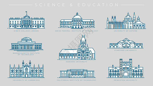 科学和教育概念线条风格矢量图标集精英技术国王人文本科学习建筑学校学生大学图片