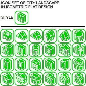 城市景观图标设置在等距平面设计中 白色线条绿色填充绿色轮廓在绿色线条和白色填充背景的圆形正方形上的绿色阴影图片