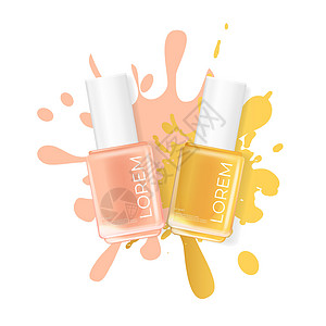 指甲油粉红色和橙色与白色背景上的飞溅 广告杂志产品样本的化妆品产品模板 它制作图案矢量图片