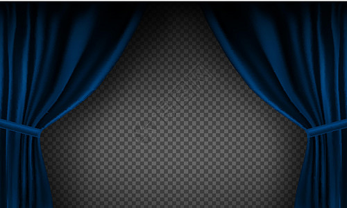 逼真的彩色蓝色天鹅绒窗帘折叠在透明背景上 在家里的电影院选择幕布 它制作图案矢量艺术装饰奢华展示织物娱乐音乐会纺织品剧院电影图片