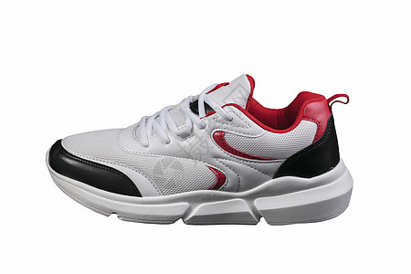 白色运动鞋 白色背景上有红色和黑色点缀 运动鞋跑步鞋带运动蕾丝训练工作室锻炼织物活动皮革图片