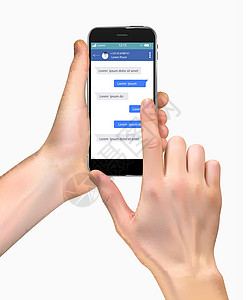 现实的手拿着手机隔离在白色背景 聊天和消息传递的社交网络概念 短信发送窗口屏幕讲话社会信使气泡界面技术展示讨论插图图片