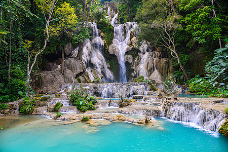老挝的Kuangsi瀑布蓝色高度旅行国家环境天堂绿水公园墙纸溪流图片