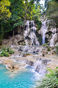 老挝的Kuangsi瀑布环境蓝色墙纸国家绿水溪流高度公园旅行天堂图片