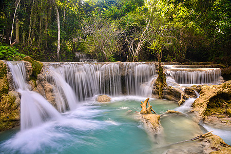 老挝的Kuangsi瀑布国家旅行绿水天堂高度墙纸蓝色环境溪流公园图片
