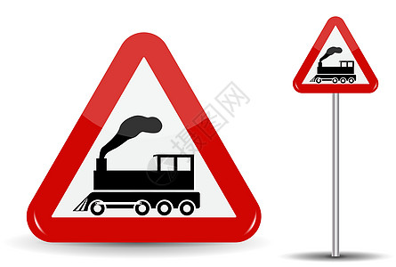 道路标志警告 铁路无障碍地穿越 在红三角地区 这是一个蒸汽火车头与烟雾一起运动的示意图 矢量说明图片
