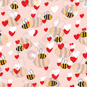 与蜜蜂和心在彩色背景上的无缝模式 小黄蜂 矢量图 可爱的卡通人物 邀请卡纺织面料的模板设计 涂鸦风格质量昆虫动物样本艺术蜂窝漫画图片