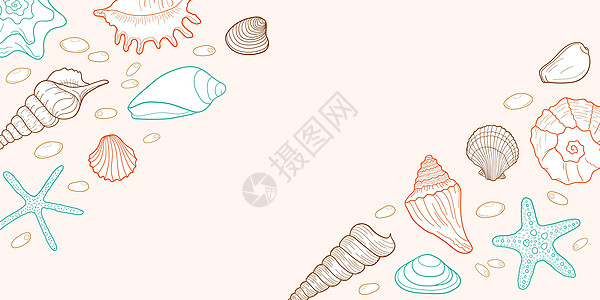 手绘雕刻线条设计模板 用于邀请函 贺卡 海报 横幅 传单 包装等 粉红色背景上的矢量色彩丰富的插画温泉蓝色鸽子海星胫骨海洋蜗牛螺图片