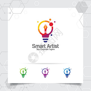 作家标志灯泡创意铅笔图标和彩灯矢量的设计理念 用于和代理的创意标志图片