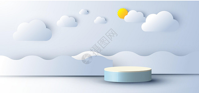 3D 逼真抽象最小场景空领奖台展示与云和太阳波海剪纸风格在蓝天背景图片