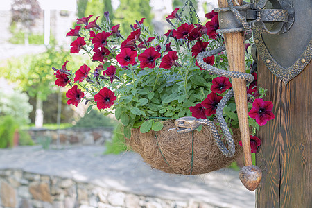 红花背景的一根柱子上的铜蛇背景图片