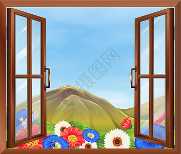 一扇敞开的窗户 外面开着鲜花宗教环境食物木头仪式植物通道天空空气山脉图片