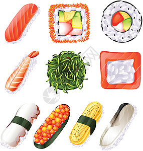 一套寿司团体网状海鲜白色口味棕色蔬菜墨鱼绘画食物图片