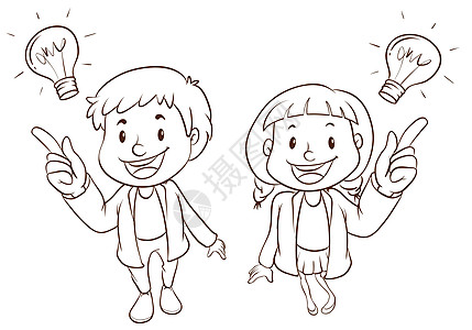 男童和女童夫妻卡通片白色微笑绘画想像力灯泡解决方案男人女士图片