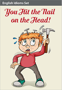 一个男孩敲他的头痛苦样式海报字体乐器成语疼痛菜单锤子男人图片