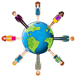 全球人脉网络球形男人商业地球球状体蓝色男性插图女孩们圆形背景图片