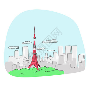 东京塔地标的日本手绘孤立在白色背景插图 vecto图片