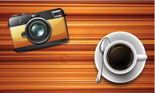 相机和桌上的咖啡天线剪贴粮食夹子木头艺术绘画古董照片桌子背景图片