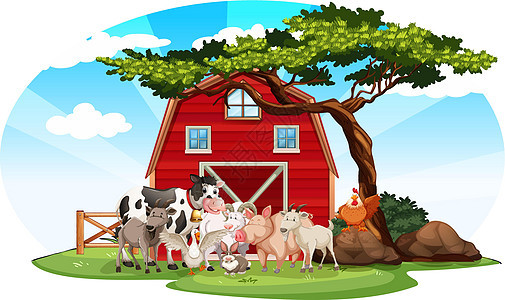 有动物的农场场景天空绘画小猪夹子岩石山羊收藏团体农业艺术图片