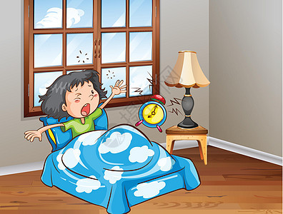 起来场景绘画卡通片女孩枕头风景毯子窗户孩子房间图片